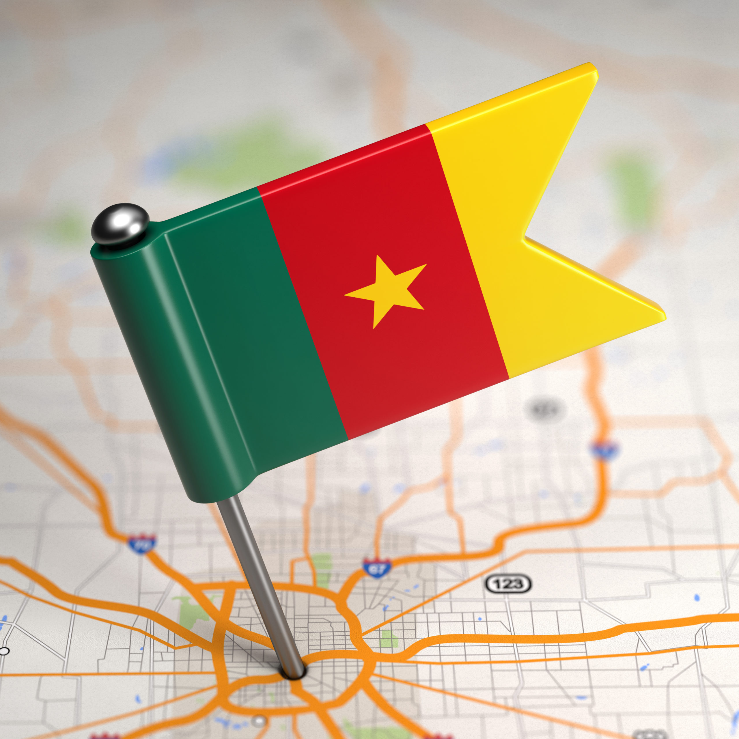 Small Flag of Cameroon on a Map Background with Selective Focus.